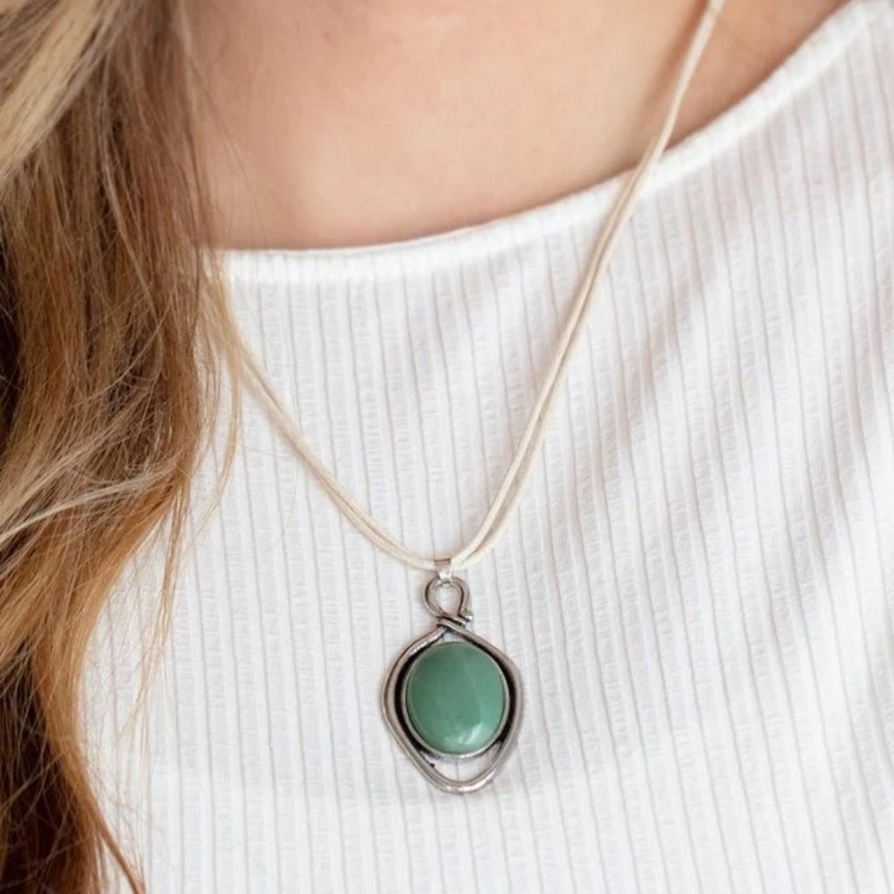 Jade-Like Green Stone Silver-Tone Pendant Necklace
